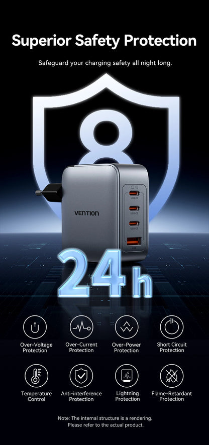 Vention-cargador GaN de 100W, cargador USB C de 4 puertos, carga rápida para Macbook, portátil, tableta, PD, cargador rápido para iPhone 16 15 14 Pro
