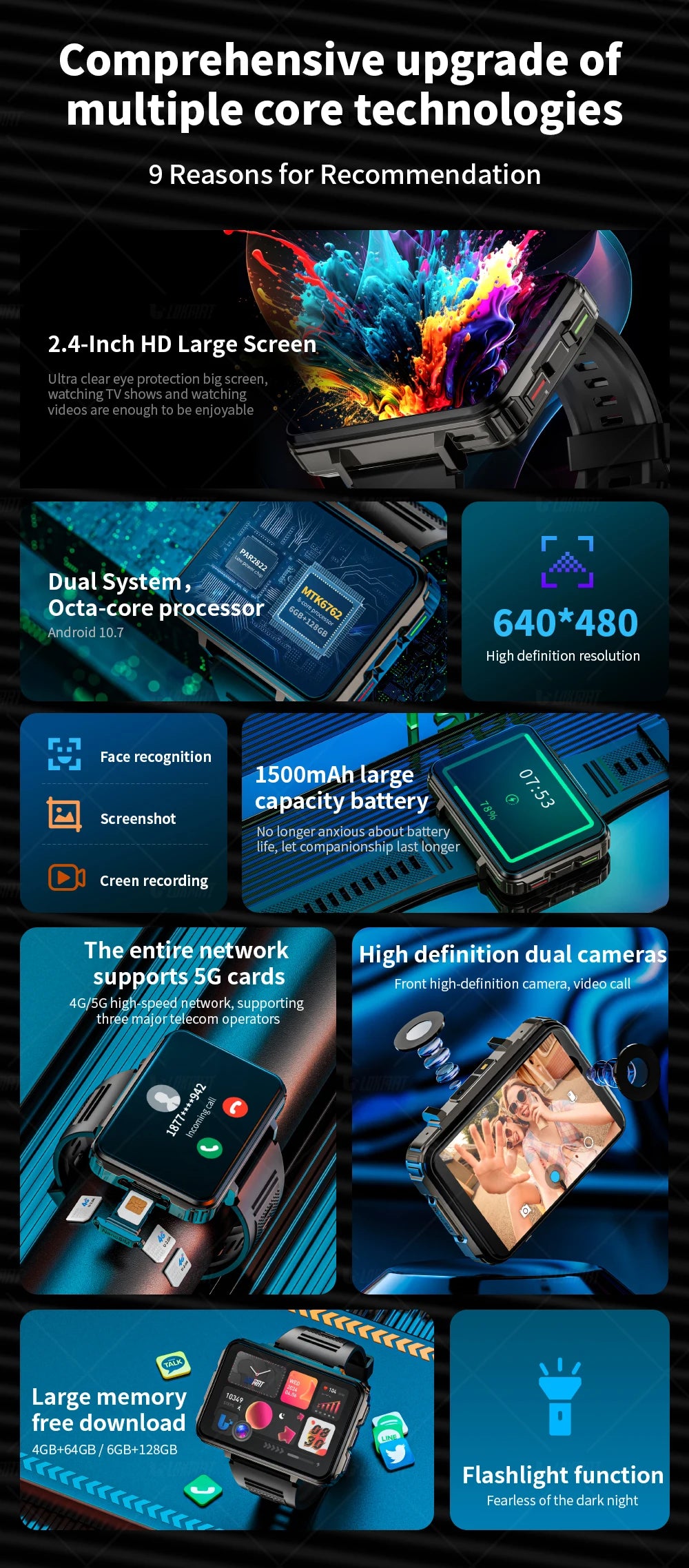 LOKMAT APPLLP 5 MAX reloj Android teléfono cuadrado pantalla grande Wifi 4G llamadas relojes inteligentes cámara Dual con linterna reloj para juegos