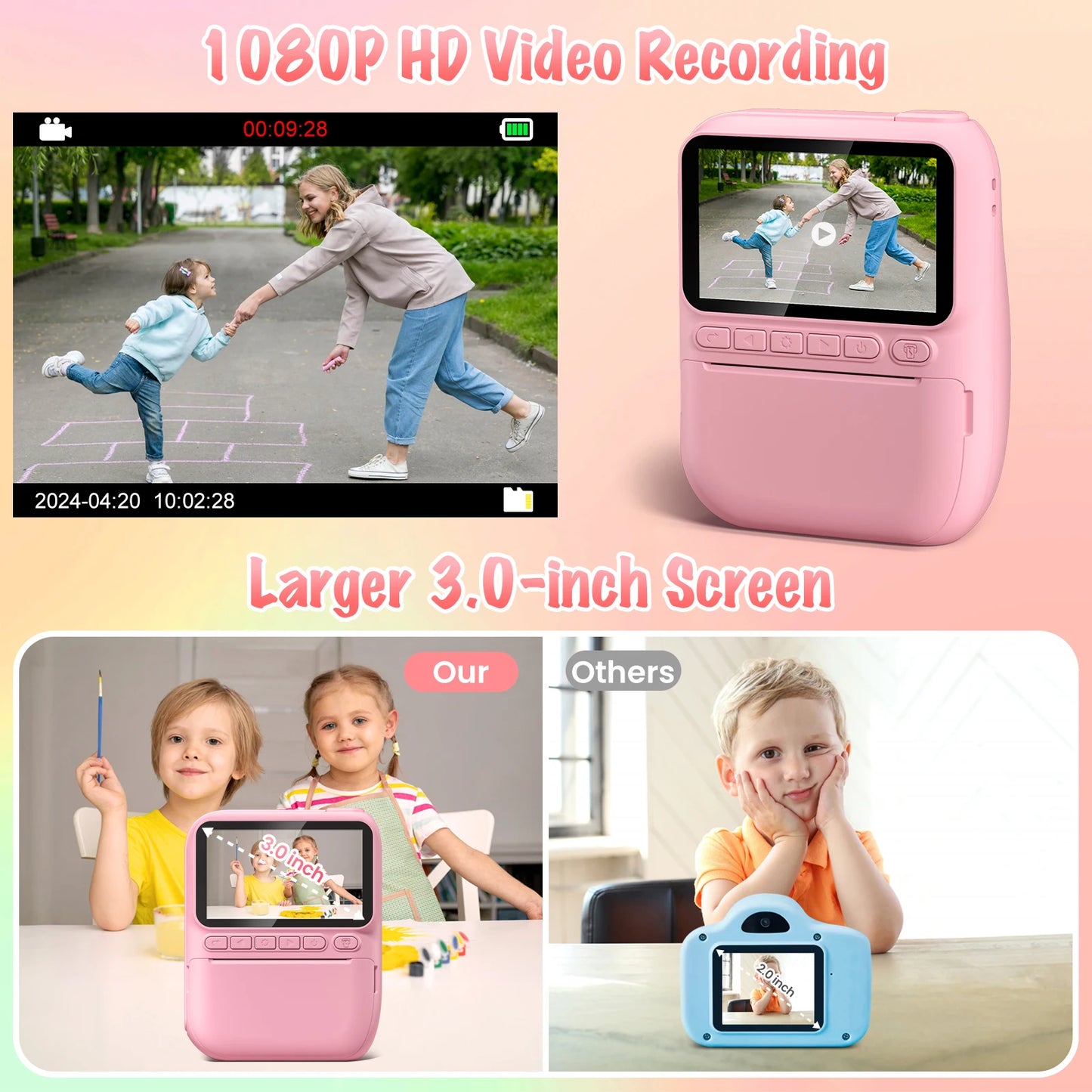 Cámara de impresión instantánea para niños, cámara para niños de 3,0 pulgadas durante 6-12 años, cámara digital HD 1080P de 32MP con 3 rollos de papel de impresora