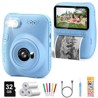 Cámara de impresión instantánea para niños, cámara para niños de 3,0 pulgadas durante 6-12 años, cámara digital HD 1080P de 32MP con 3 rollos de papel de impresora