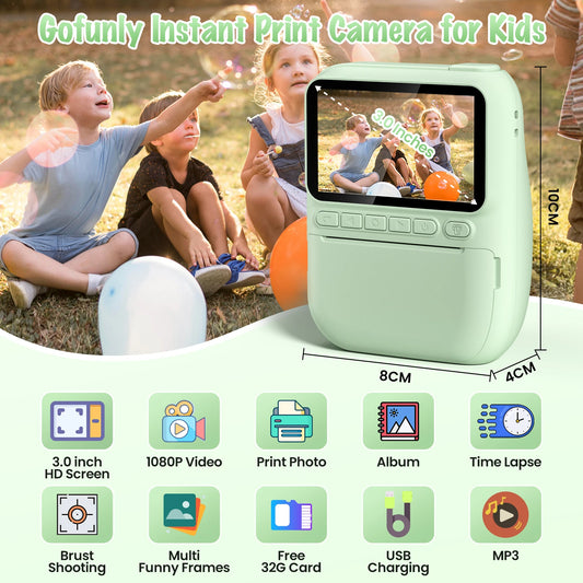 Gofunly-cámara de impresión instantánea para niños, Mini cámara Digital de 3,0 ", grabadora de vídeo portátil de 1080P, regalo para niños de 6 a 12 años