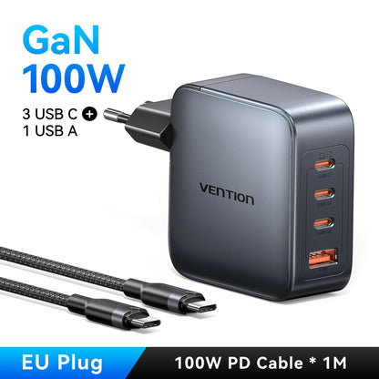 Vention-cargador GaN de 100W, cargador USB C de 4 puertos, carga rápida para Macbook, portátil, tableta, PD, cargador rápido para iPhone 16 15 14 Pro
