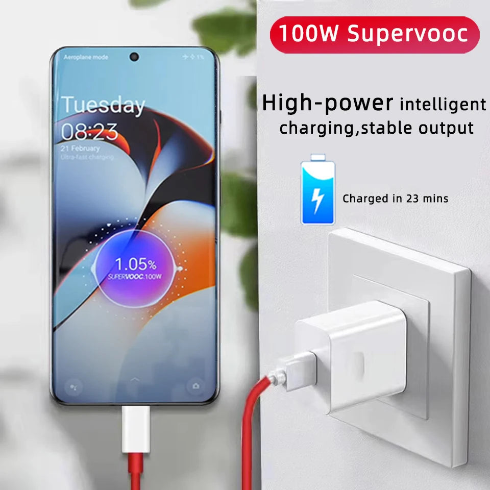100W Supervooc cargador rápido Cargador de carga rápida Adaptador de teléfono de pared para OnePlus 13R 12R 12 13 11 10 ACE 5 PRO Cable de cargador USB Tipo C