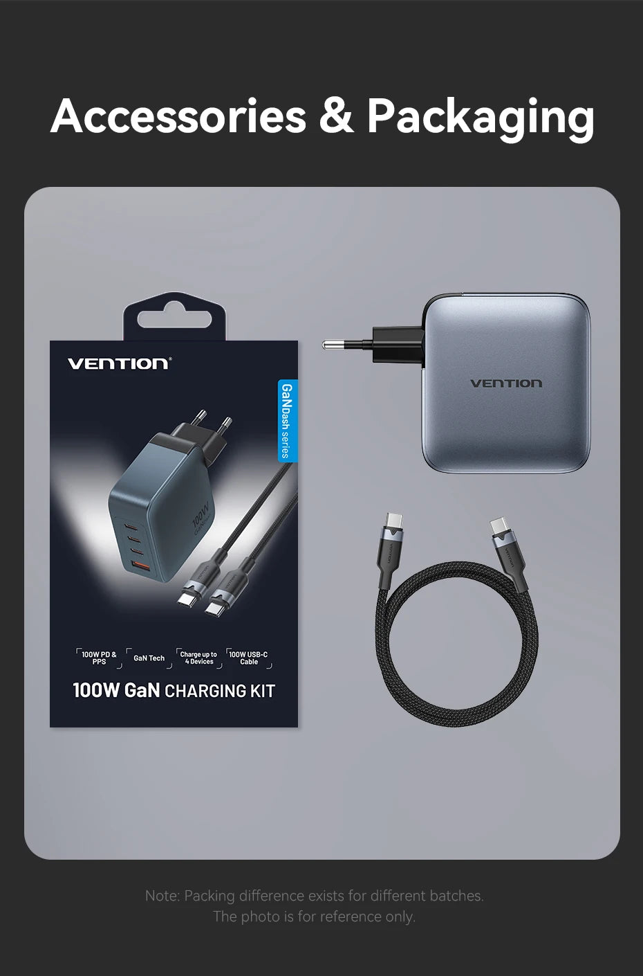 Vention-cargador GaN de 100W, cargador USB C de 4 puertos, carga rápida para Macbook, portátil, tableta, PD, cargador rápido para iPhone 16 15 14 Pro