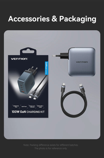 Vention-cargador GaN de 100W, cargador USB C de 4 puertos, carga rápida para Macbook, portátil, tableta, PD, cargador rápido para iPhone 16 15 14 Pro