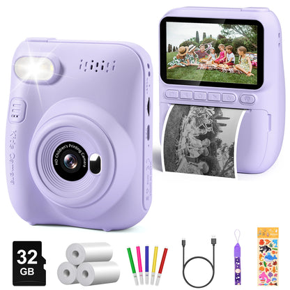 Cámara de impresión instantánea para niños, cámara para niños de 3,0 pulgadas durante 6-12 años, cámara digital HD 1080P de 32MP con 3 rollos de papel de impresora