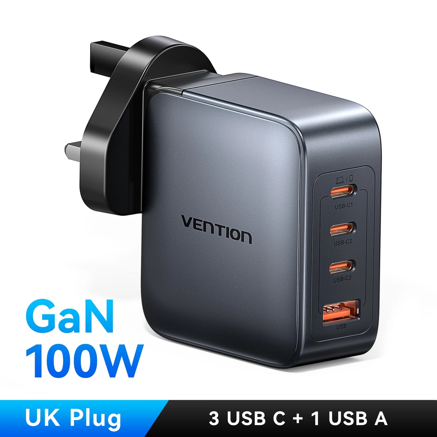 Vention-cargador GaN de 100W, cargador USB C de 4 puertos, carga rápida para Macbook, portátil, tableta, PD, cargador rápido para iPhone 16 15 14 Pro