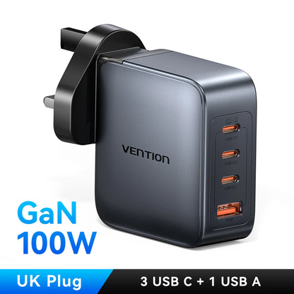 Vention-cargador GaN de 100W, cargador USB C de 4 puertos, carga rápida para Macbook, portátil, tableta, PD, cargador rápido para iPhone 16 15 14 Pro