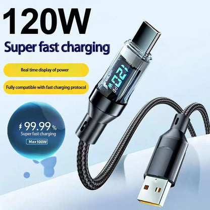 Cable USB a tipo C de 120W, Cable de carga súper rápida para teléfono, Cable de datos tipo C a tipo C de 100W con pantalla LED para Huawei Oppo Vivo ﻿
